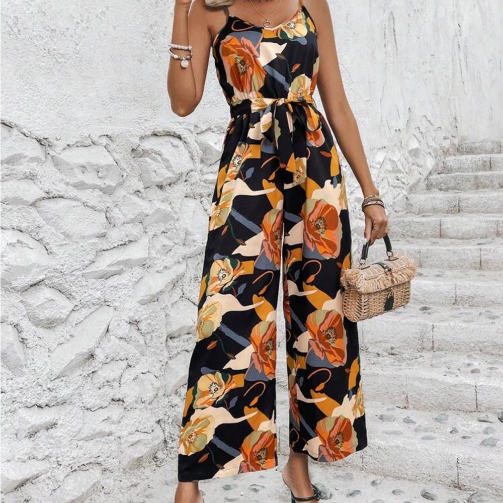 Floral Print Belted Cami Jumpsuit